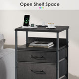 YeTom Nightstand with Charging Station Set of 2, LED Night Stand with 3 Fabric Drawers, Side Table with Open Shelf, End Table with Steel Frame, 3 Drawer Dresser for Bedroom, Black YeTom