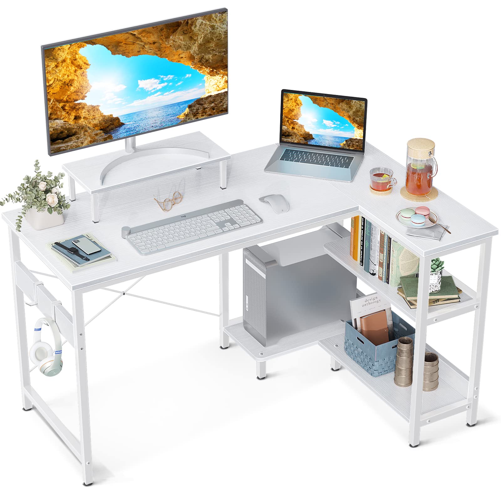 ODK 40 Inch Small L Shaped Computer Desk with Reversible Storage Shelves, L-shaped Corner Desk with Monitor Stand for Small Space, Modern Simple Writing Table for Home Office Workstation, Whi - WoodArtSupply