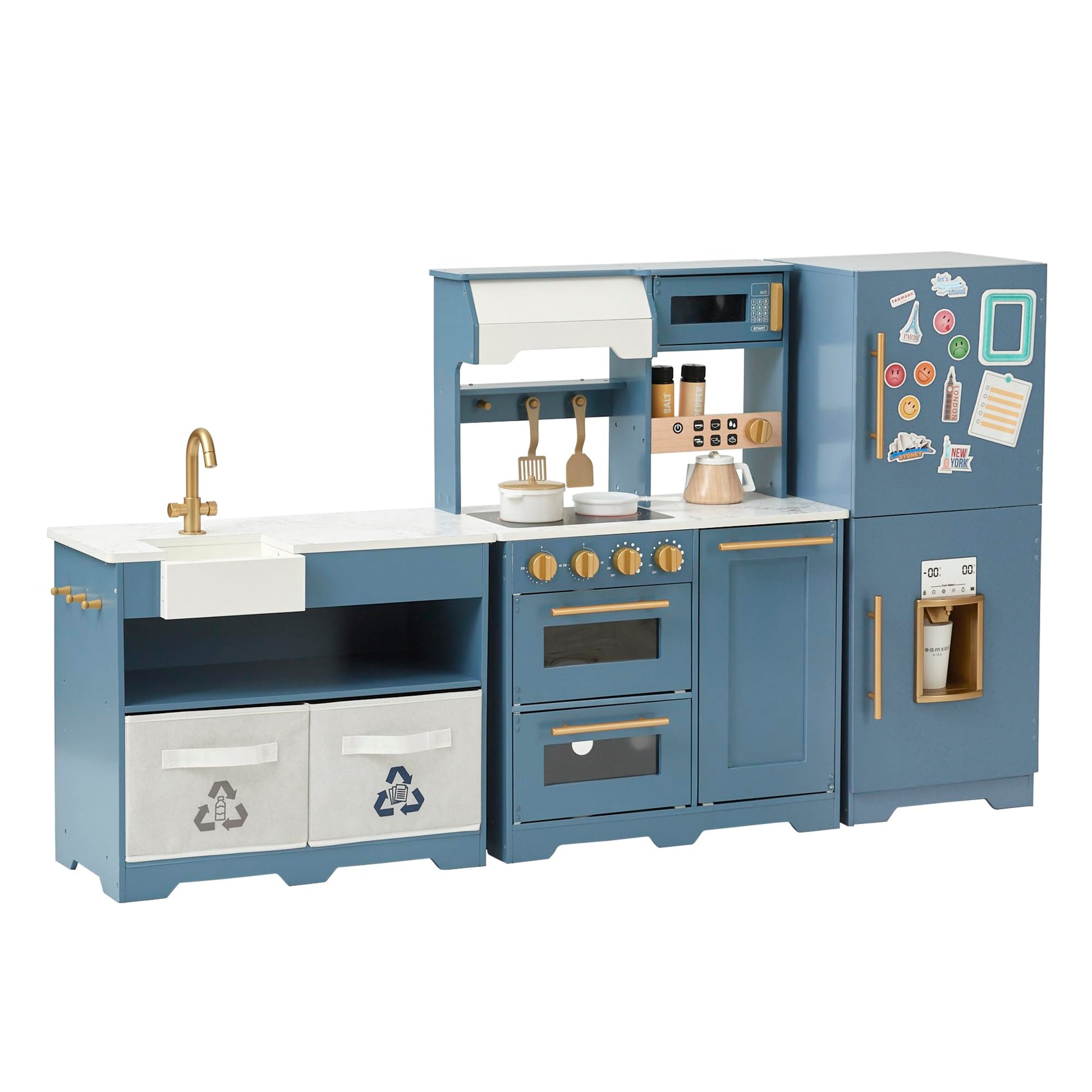 Teamson Kids Little Chef Atlanta Large Modular Wooden Play Kitchen with Interactive, Realistic Features, and 17 Kitchen Accessories, for 3yrs and up, Blue/White/Gold - WoodArtSupply