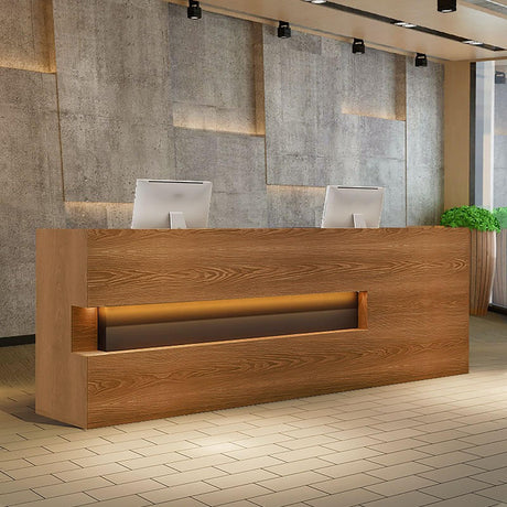Modern Reception Desk with Counter – Durable Scratch-Resistant Surface, Solid Wood Legs, Spacious Storage, Sleek Contemporary Front Desk Reception Counter for Office or Lobby(Brown wood grain,Right-78 CHMAIDEU