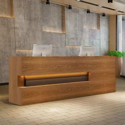 Modern Reception Desk with Counter – Durable Scratch-Resistant Surface, Solid Wood Legs, Spacious Storage, Sleek Contemporary Front Desk Reception Counter for Office or Lobby(Brown wood grain,Right-78