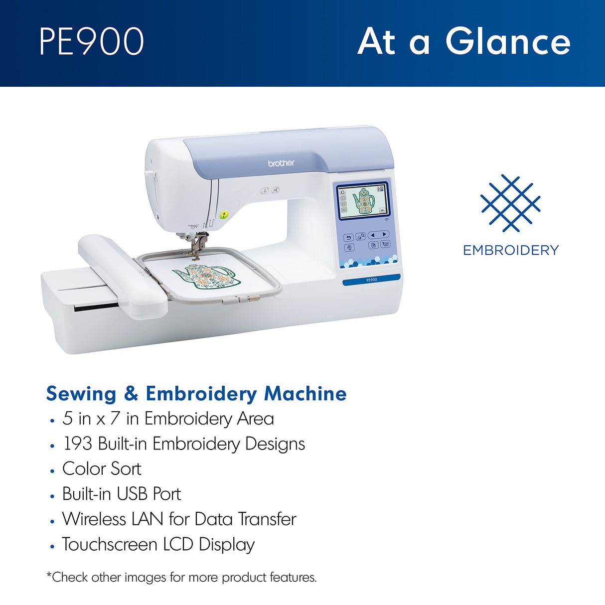 Brother PE900 Embroidery Machine with WLAN, White Brother