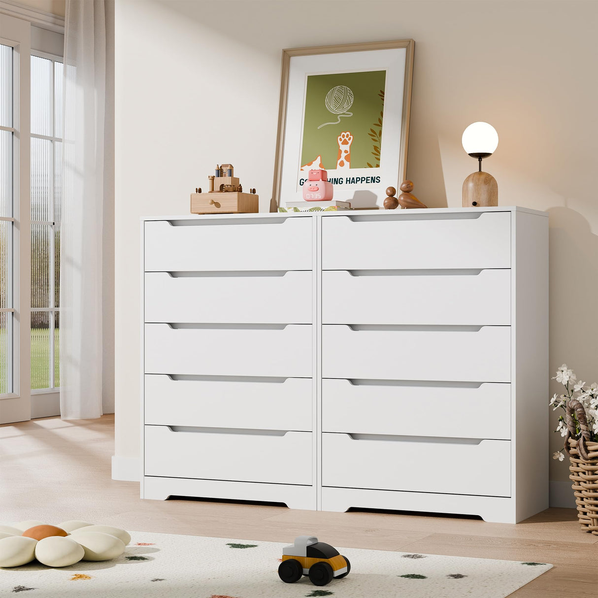 Cozy Castle 5 Drawer Dressers, Modern Chest of Drawers Large Organizer, Wood Accent Storage Cabinet for Living Room, Home Office, Entryway, White Cozy Castle