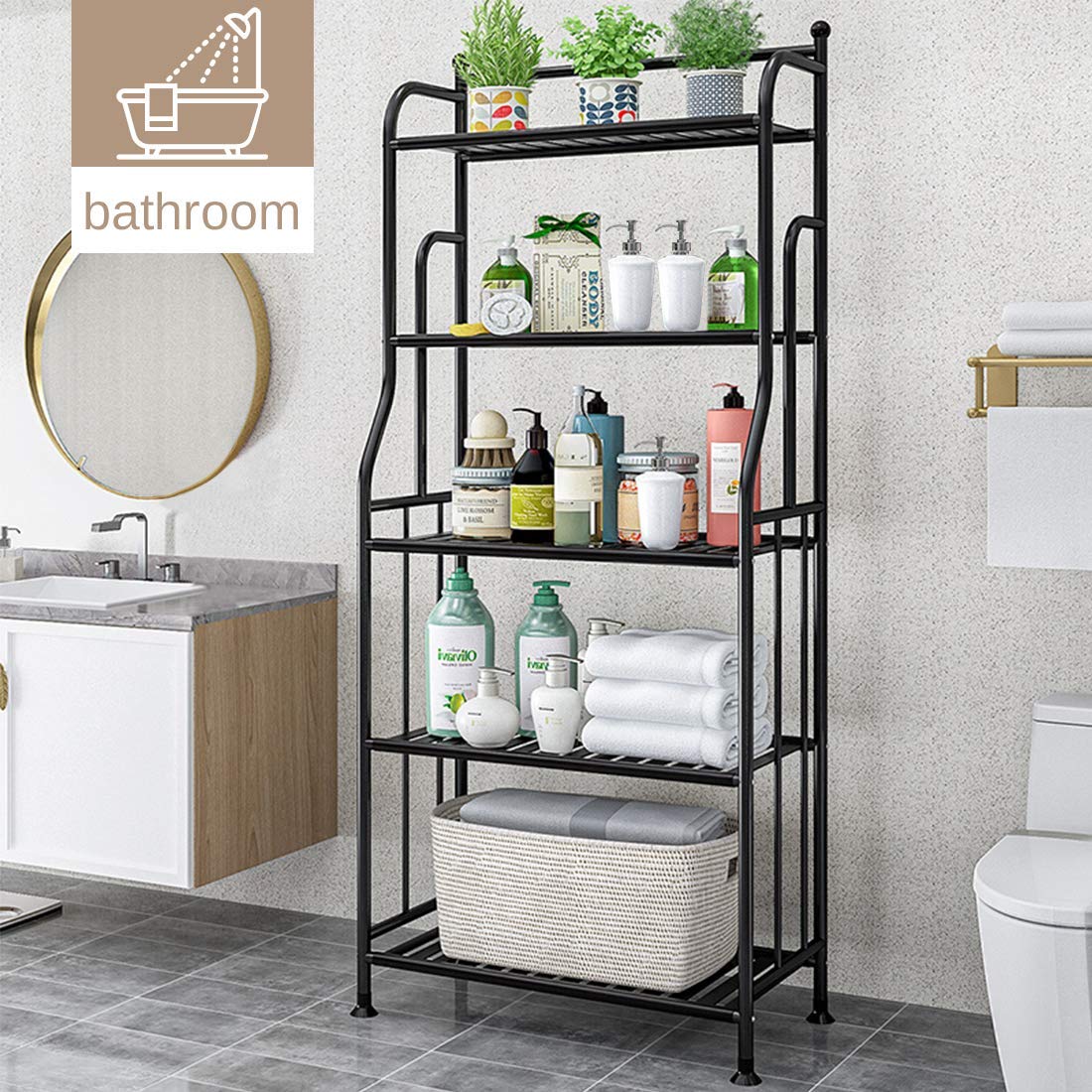 Forthcan Shelving Unit Bakers Rack Metal Storage Shelves Laundry Shelf Organizer Standing Shelf Units for Laundry Kitchen Bathroom Pantry Closet Indoor and Outdoor (5 Tier, Black)