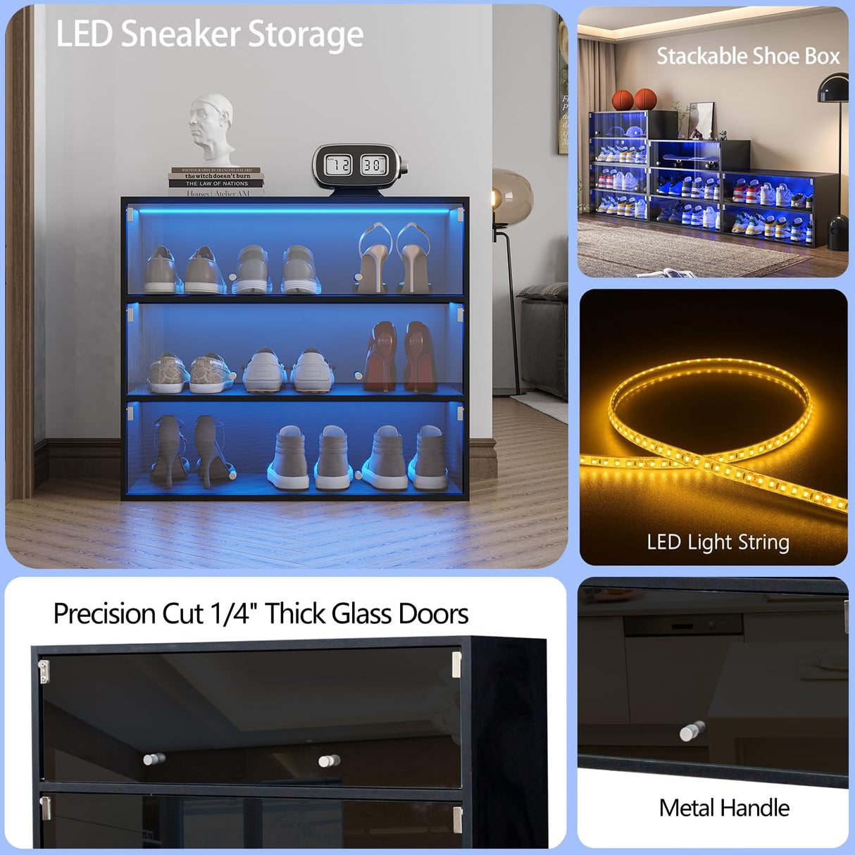 Banzeem LED Sneaker Storage with Sliding Glass Doors for Up to 9 Pairs of Shoes, Sneaker Case for Sneakerheads, Clear Shoe Boxes Stackable and Wooden Showing Shoe Rack for Space Saving, Black Banzeem