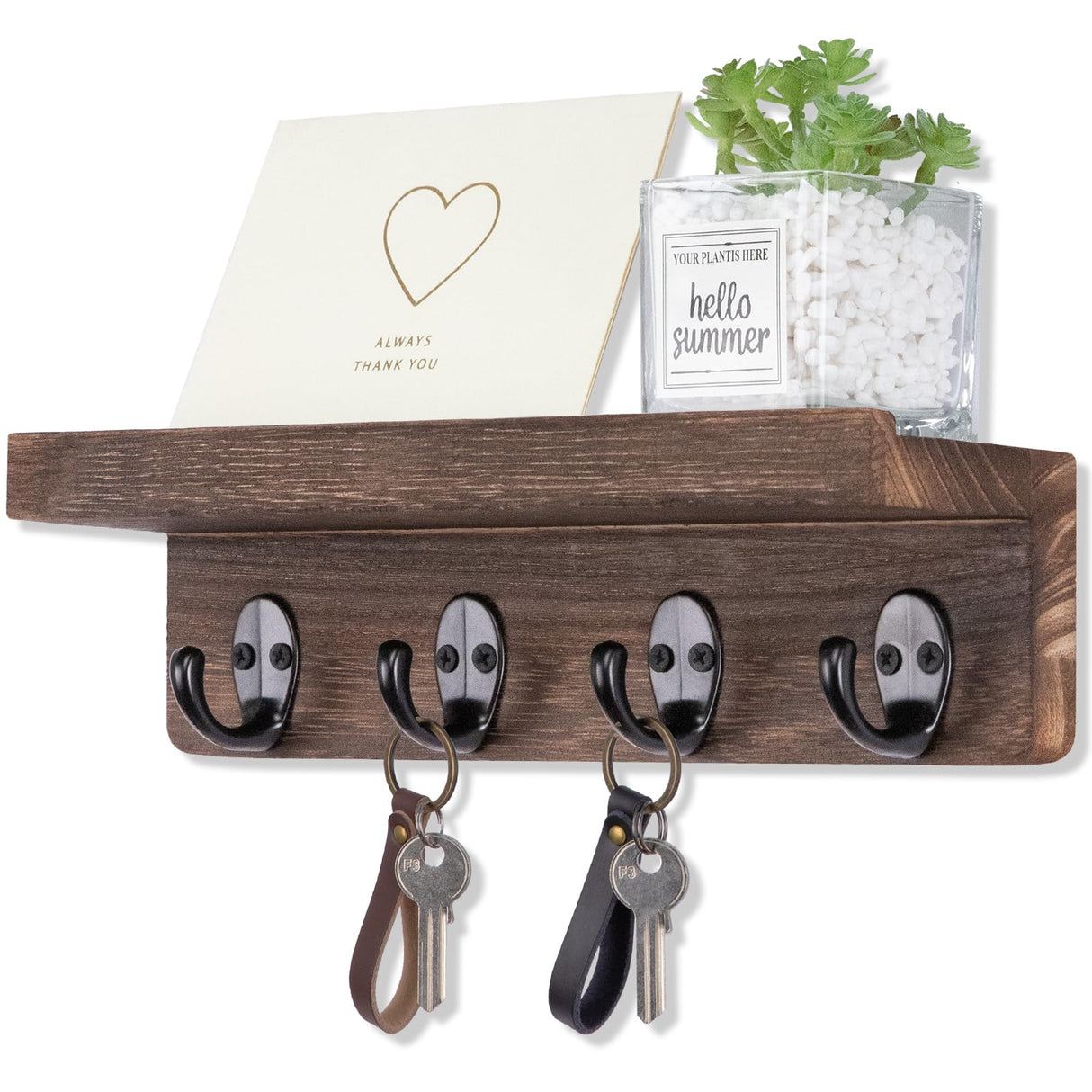 Nekon Key Holder for Wall Organization, Wooden Mail and Key Organizer for Entryway Hallway Kitchen Farmhouse, Key Holder Wall Mounted (Brown, 9.8 Inch) Nekon