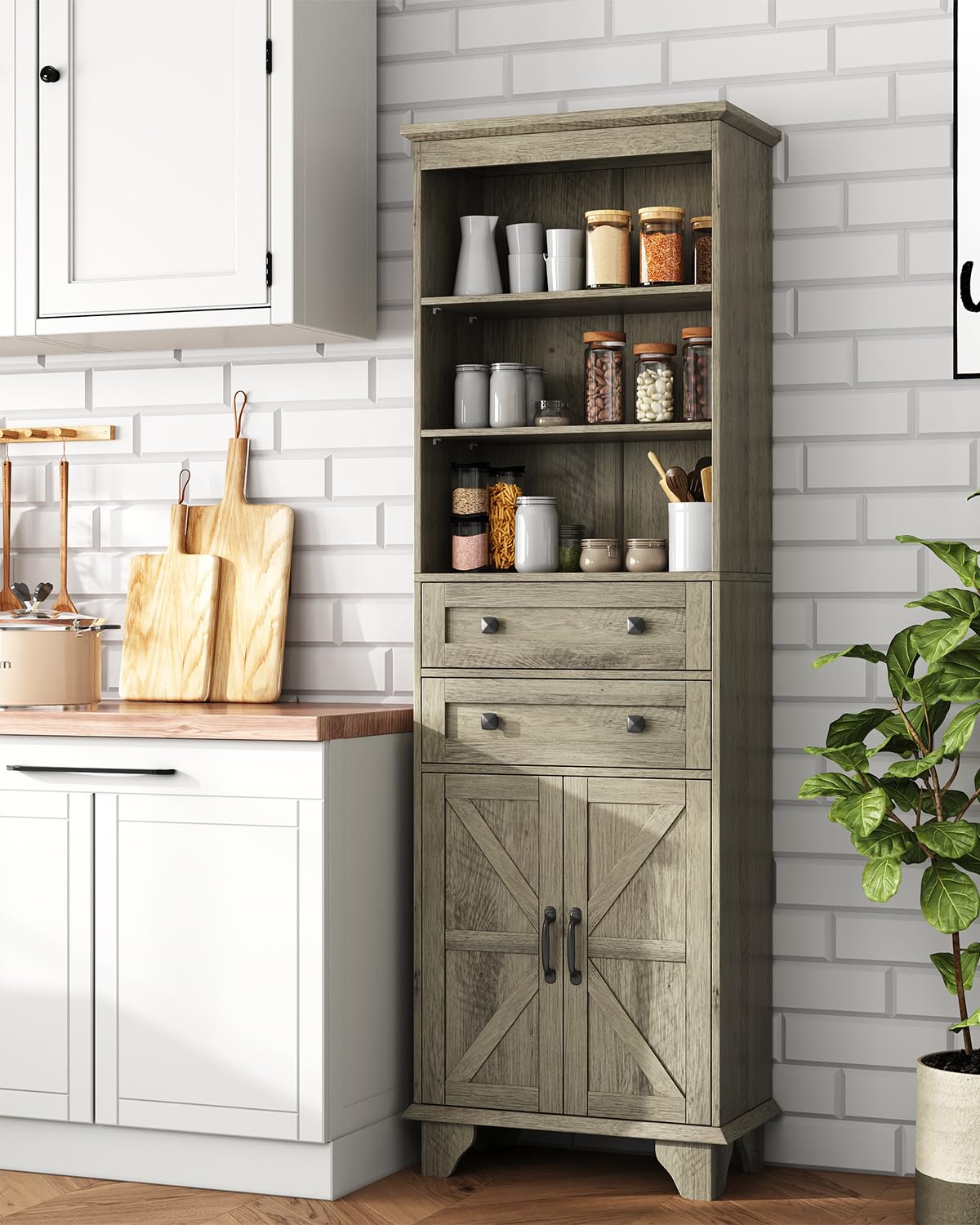 Seeday 72" Farmhouse Bathroom Storage Cabinet, Tall Kitchen Pantry Cabinet with 2 Drawers, Adjustable Shelves and Barn Door, Storage Cabinet for Bathroom, Living Room, Kitchen, Grey Seeday