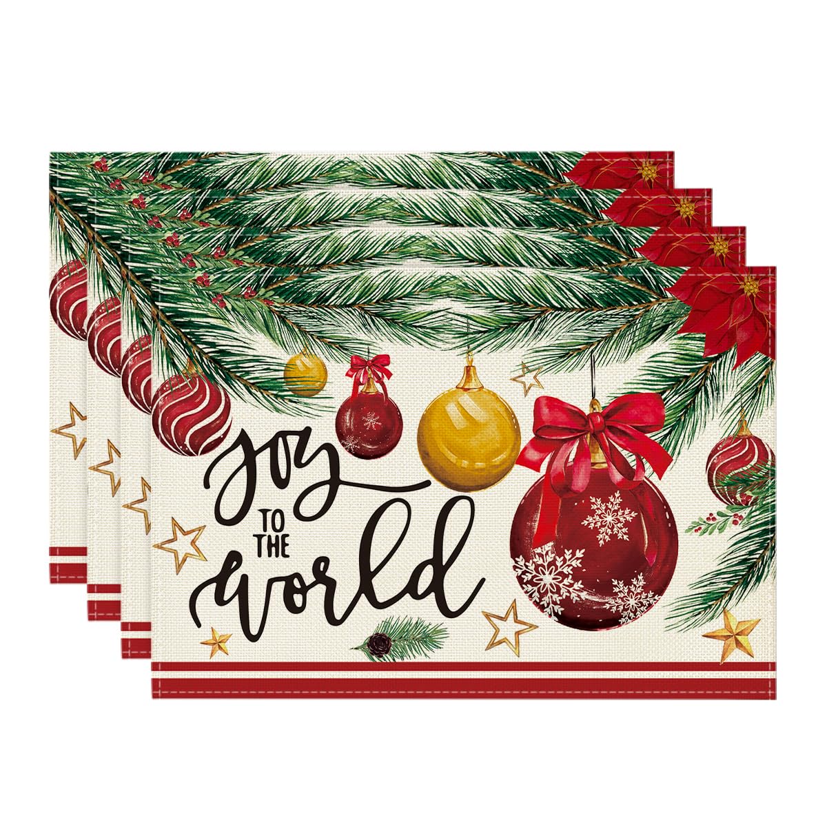 Artoid Mode Joy to The World Xmas Red Balls Christmas Placemats Set of 4, 12x18 Inch Seasonal Winter Pine Cone Table Mats for Party Kitchen Dining Decoration Artoid Mode