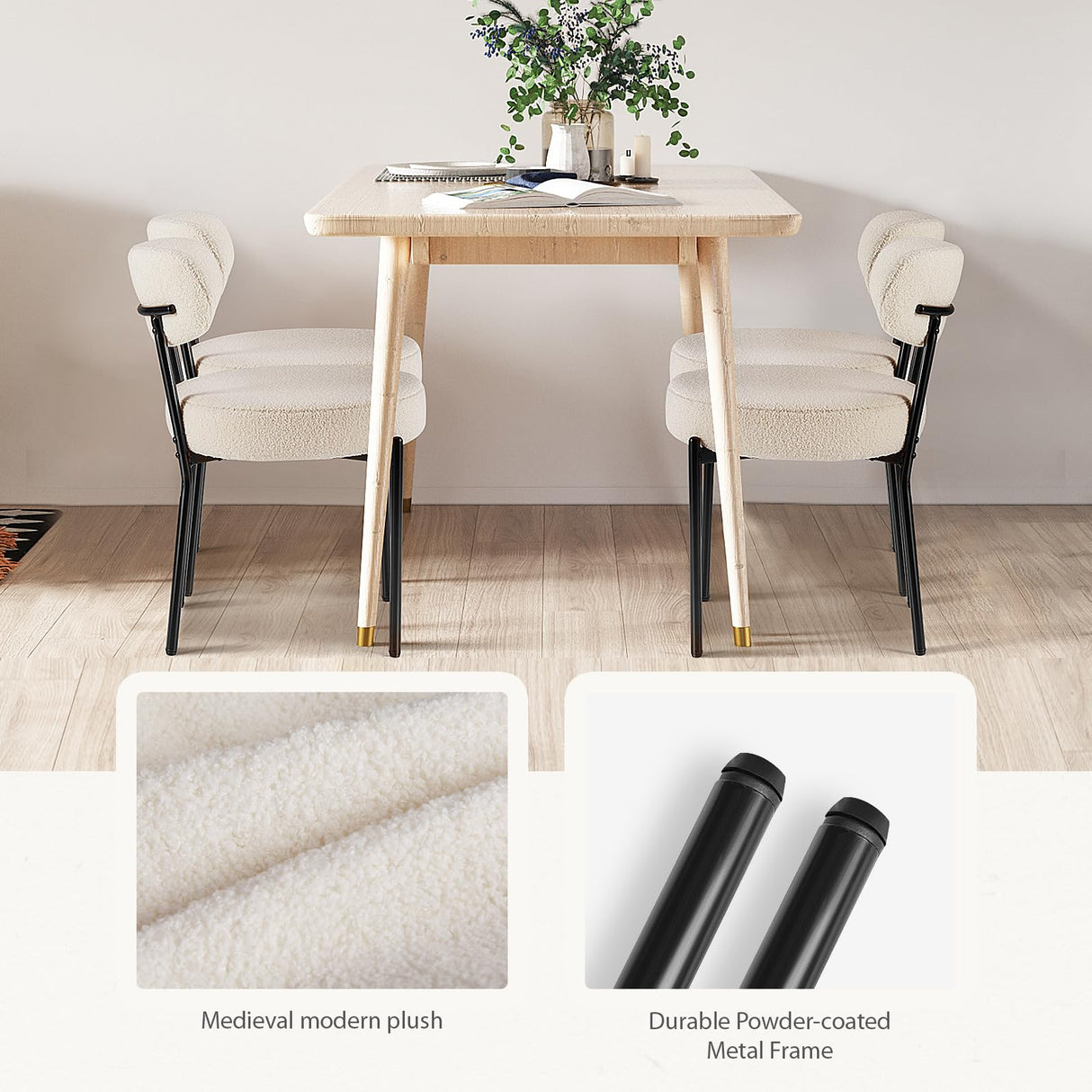 Sweetcrispy Dining Chairs Set of 4, Boucle Upholstered Modern Mid Century Round Kitchen Chairs with Curved Backrest & Metal Legs for Vanity, Living Room - Beige Sweetcrispy