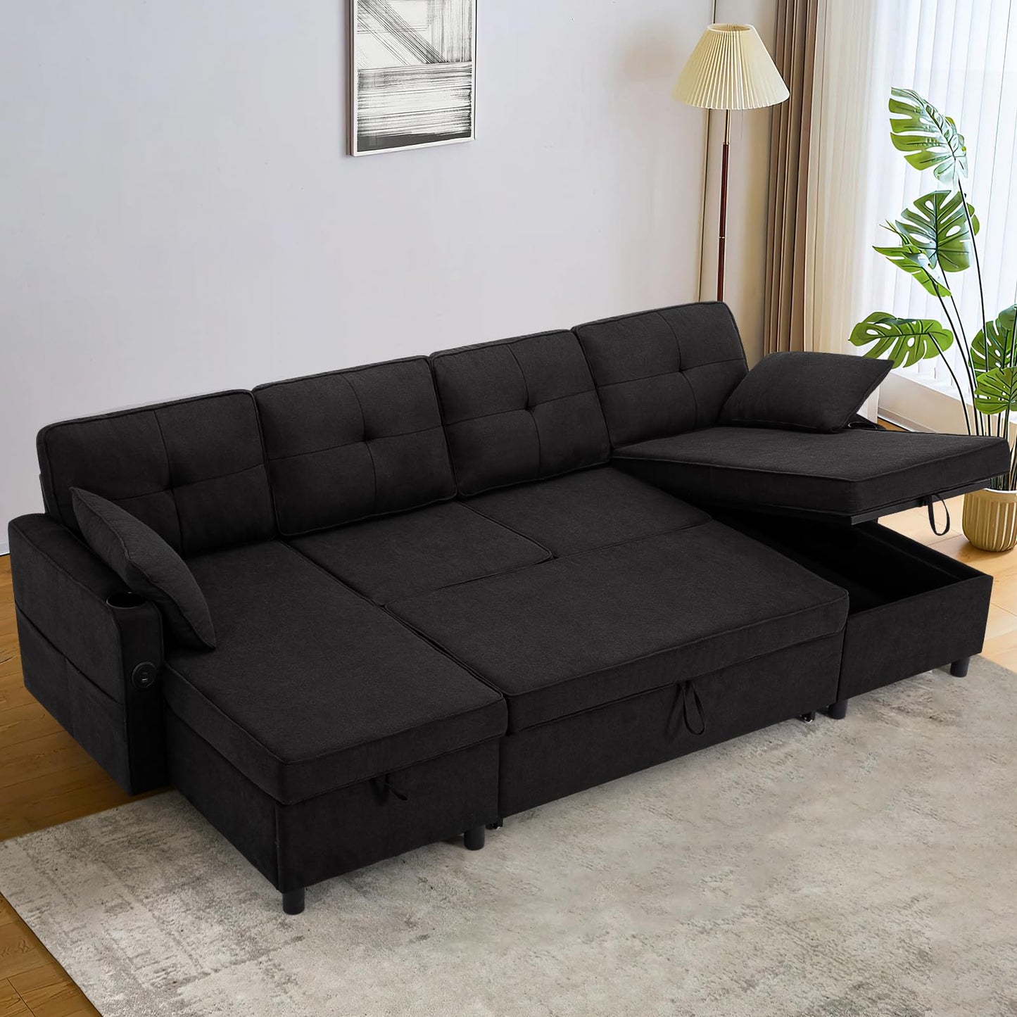 ACMEASE 108" U-Shaped Pull Out Sofa Bed w/Two Storage Chaises, Tufted Sectional Sofa w/USB Port, Fabric Sleeper Couch w/Cup Holders for Living Room, Black