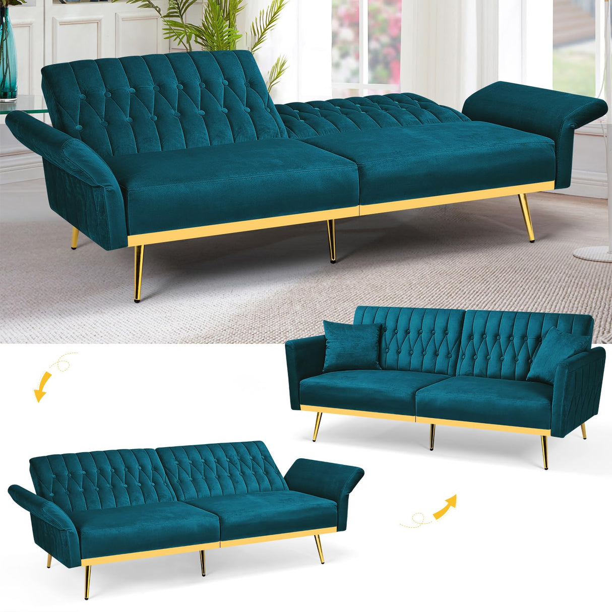 ACMEASE 70” Velvet Futon Sofa Bed w/Adjustable Armrests and Backrest, Convertible Futon Couch w/2 Pillows, Modern Sleeper Bed for Living Room, Bedroom, Teal ACMEASE