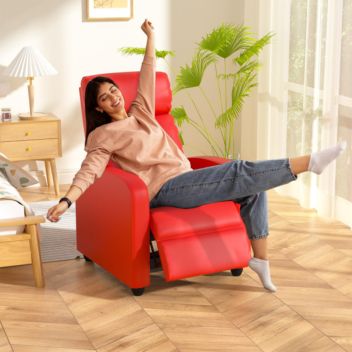 Massage Recliner Chair, Single Sofa Chair with Remote Control, Chair Recliner, Lazy Boy Recliner Chair, Living Room Recliners with Pu Leather Padded Seat Backrest, Recliner Chairs for Adults, Red MKDLUFEI