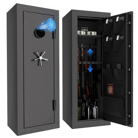 KAER Fireproof Gun Safe Biometric 20 Gun Safe for Rifles and Pistols 30 Minute Fire Protection Heavy-Duty Fingerprint Gun Cabinet for Shotguns with Digital Keypad, Large Quick Access (Grey) KAER