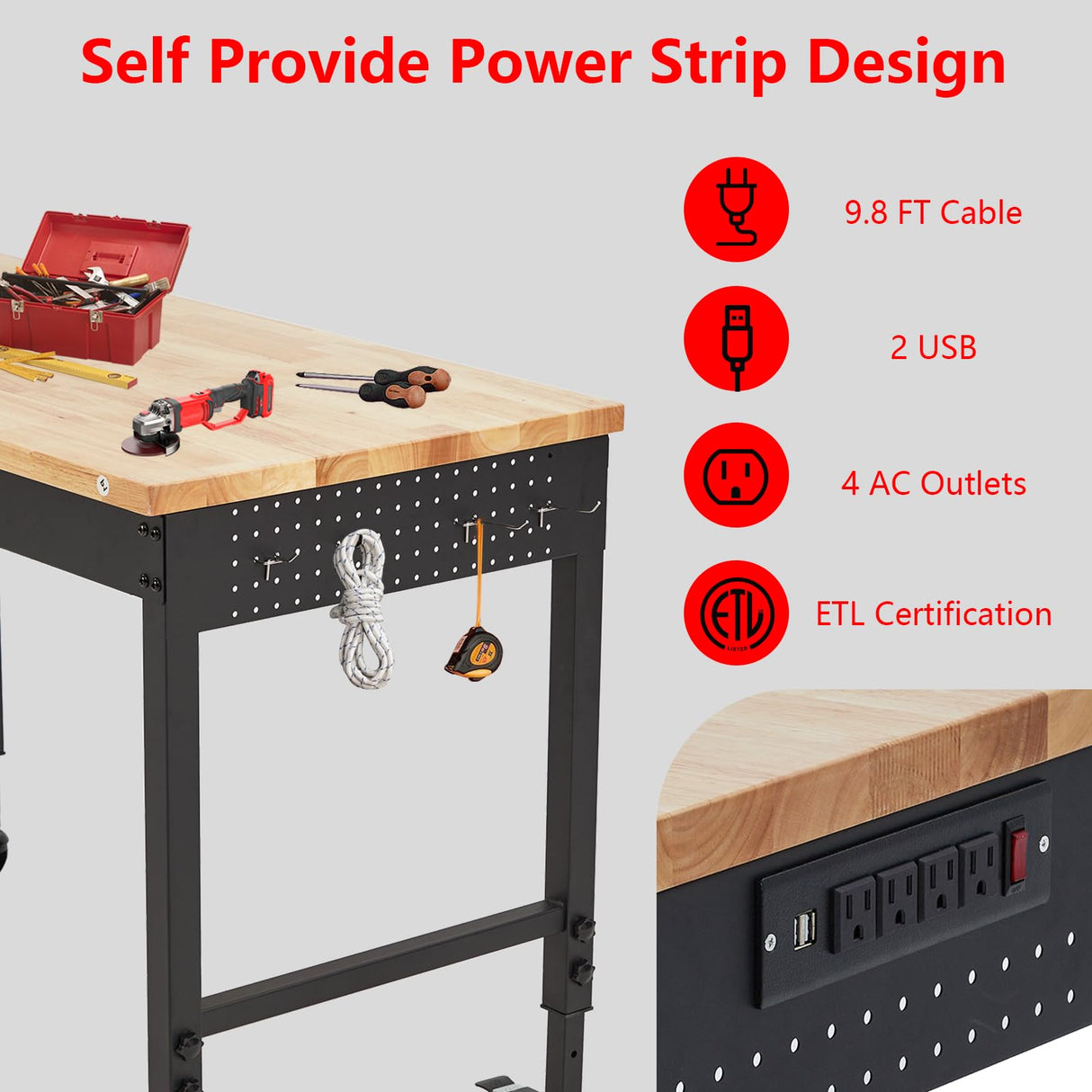 EuKer Workbench 72x25 Inch, Adjustable Height Worktable for Garage, Rubber Wood Top & Cold-Rolled Steel Table Workbench, Heavy Duty Workstation with Power Outlets & Wheels, 2000 Lbs Load Capacity Euker