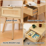 FUQARHY Rattan Nightstand Set of 2, Boho Side Table with Drawer, Mid Century Modern, End Table with Wood Legs for Bedroom, Dorm and Small Spaces FUQARHY