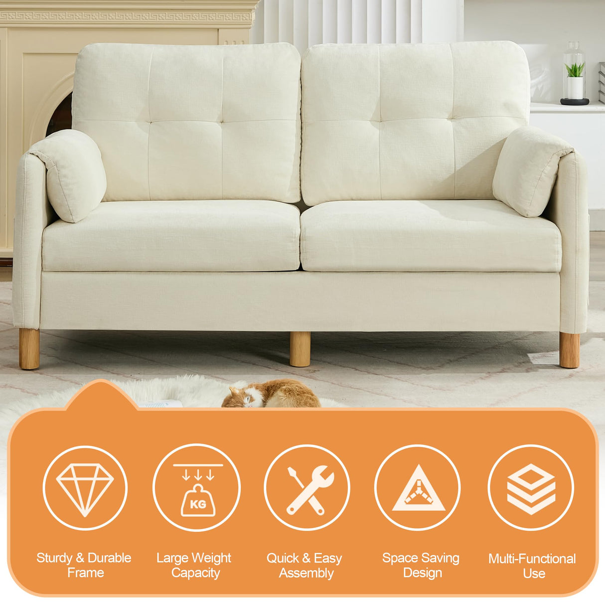 WUTUTUEE 65" Chenille Loveseat Sofa, Modern 2-Seater Love Seat Couch with Armrest Pillows, Storage Pockets, Easy Assembly, Upholstered Tufted Loveseat Sofa Couches for Living Room Bedroom, Beige WUTUTUEE