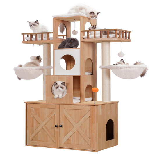 Heybly Cat Tree with Litter Box Enclosure for Indoor Big Cat, Cat Tower for Large Cats 20 lbs Heavy Duty,Modern Cat Condo Furniture with Scratching Posts, Walnut HCT110WB - WoodArtSupply