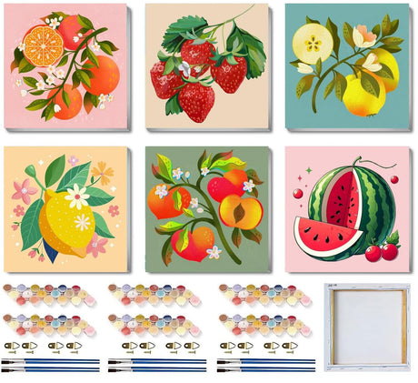 SYDYLH 6 Pack Framed Paint by Numbers Kit for Kids,Easy Acrylic Paint by Numbers Kits on Canvas,Fruit Oil Painting Paint by Number for Adults Beginners for Home Wall Decor (8x8inch) SYDYLH