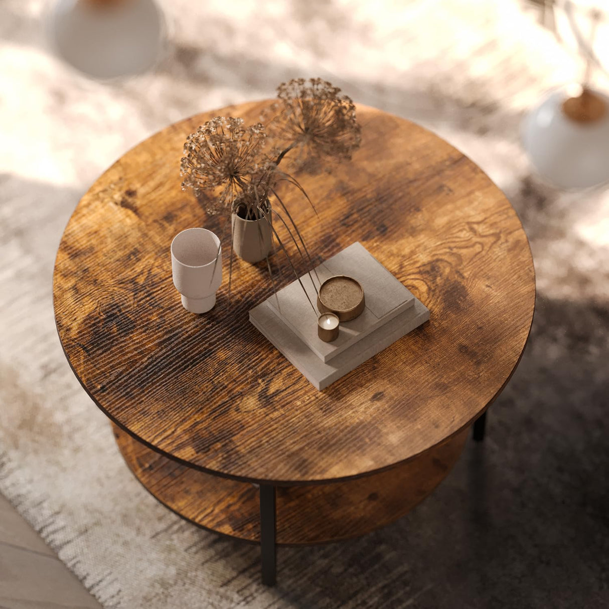 FABATO Round Lift Top Coffee Table with Storage and Hidden Compartment, 26.77'' Farmhouse Coffee Table for Living Room Reception Room, 2 Tier Small Round Coffee Table Circle Dining Table, Rustic Brown FABATO