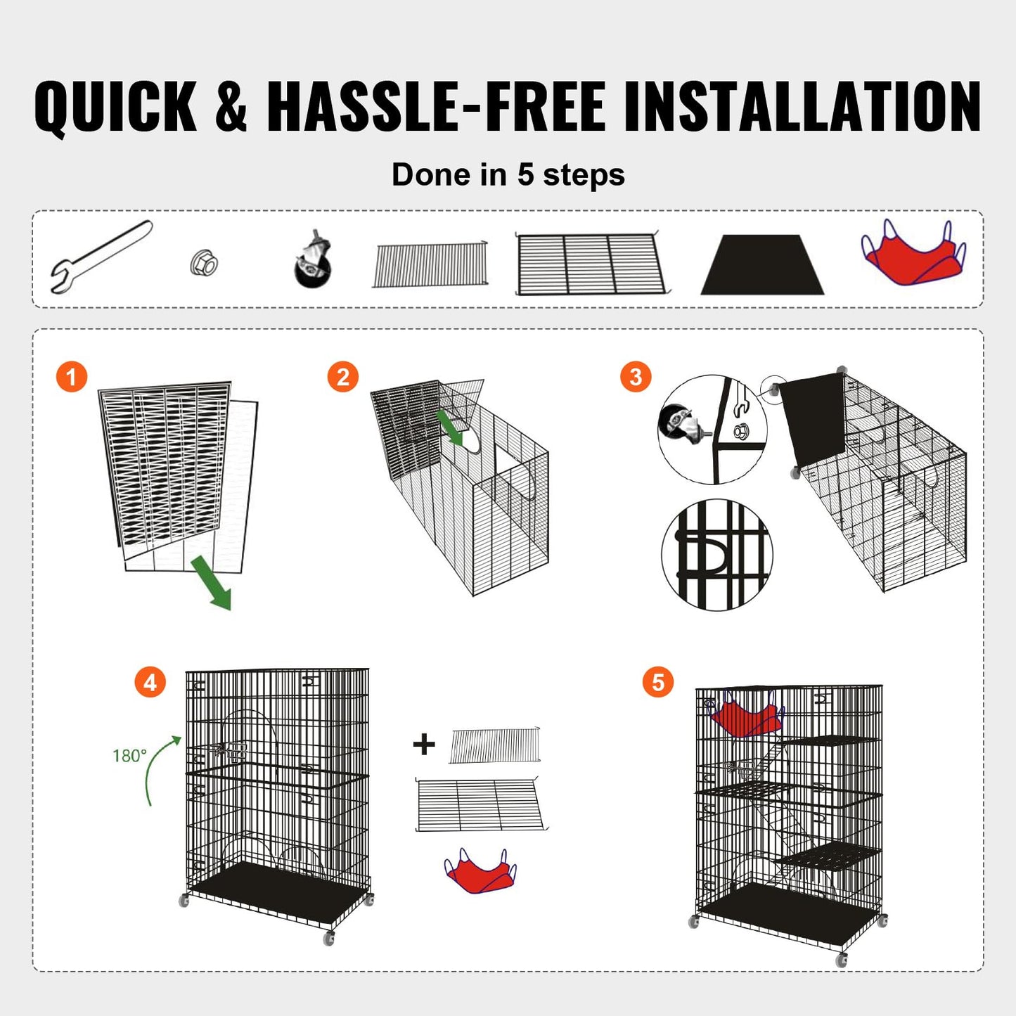 VEVOR Cat Cage Indoor Catio Cat Enclosure, Large Cat House on Rotating Wheels, 4-Tier Pet Playpen, Cat Crate Cat Kennel, 35.4" L x 23.6" W x 51" H