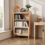 AQIMUELE Solid Wood Bookcase with Glass Doors, 3 Shelf Bookshelves and Bookcases, Mid Century Modern Bookshelf with Glass Doors, Kitchen Pantry Cabinet (Natural, 31.5" W) AQIMUELE