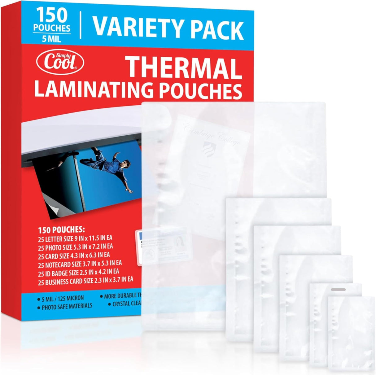 5MIL Thermal Laminating Sheets (150 Count) Letter, Photo, Card, Notecard, ID Badge and Business Card Sizes, Laminating Pouches Compatible with Laminators, Crystal Clear Laminated Finish Simply Cool