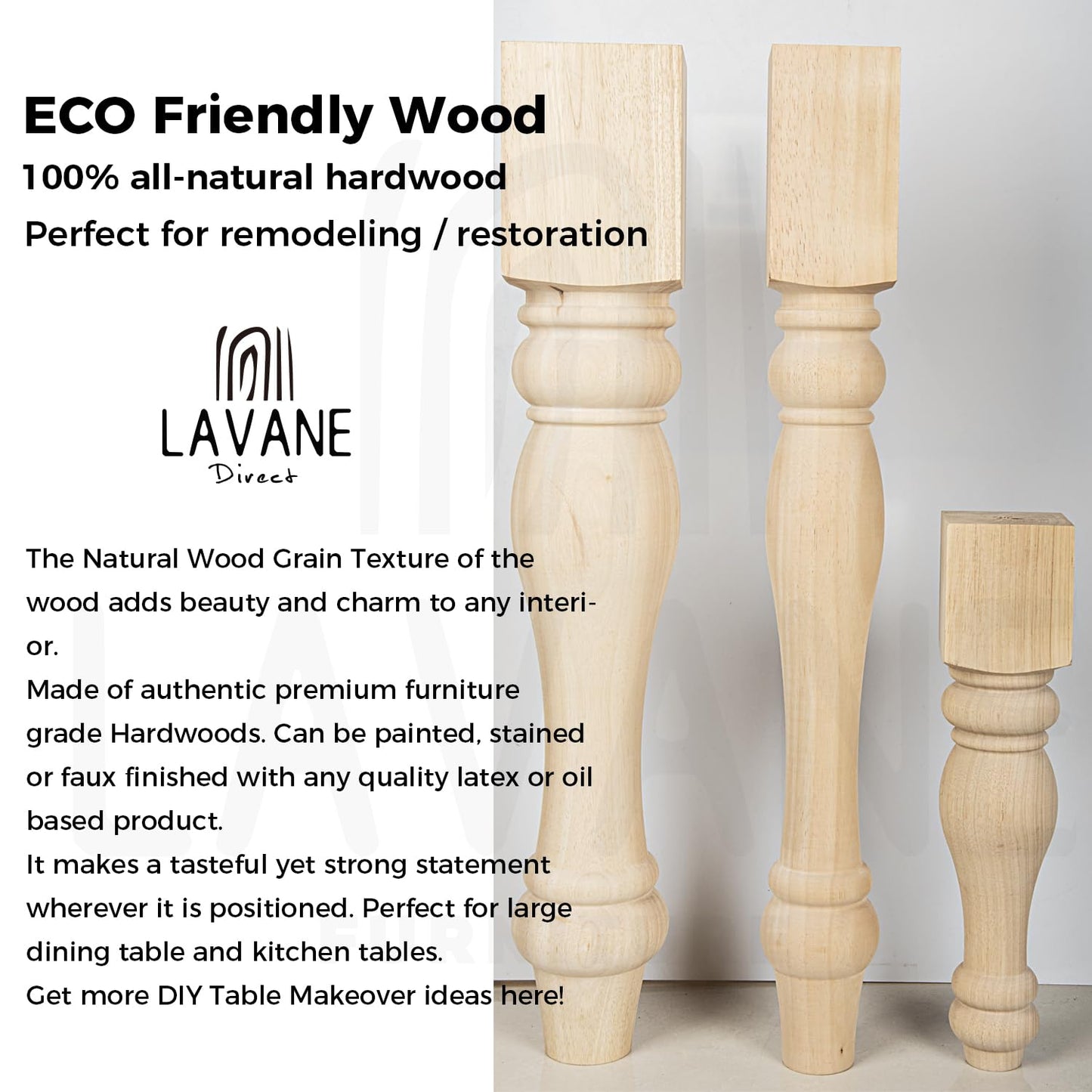 La Vane 16x3.5x3.5inch Chunky Farmhouse Table Legs, Set of 4 Unfinished Rubber Wood Replacement Table Legs for Bench Coffee Table Dining Table - WoodArtSupply