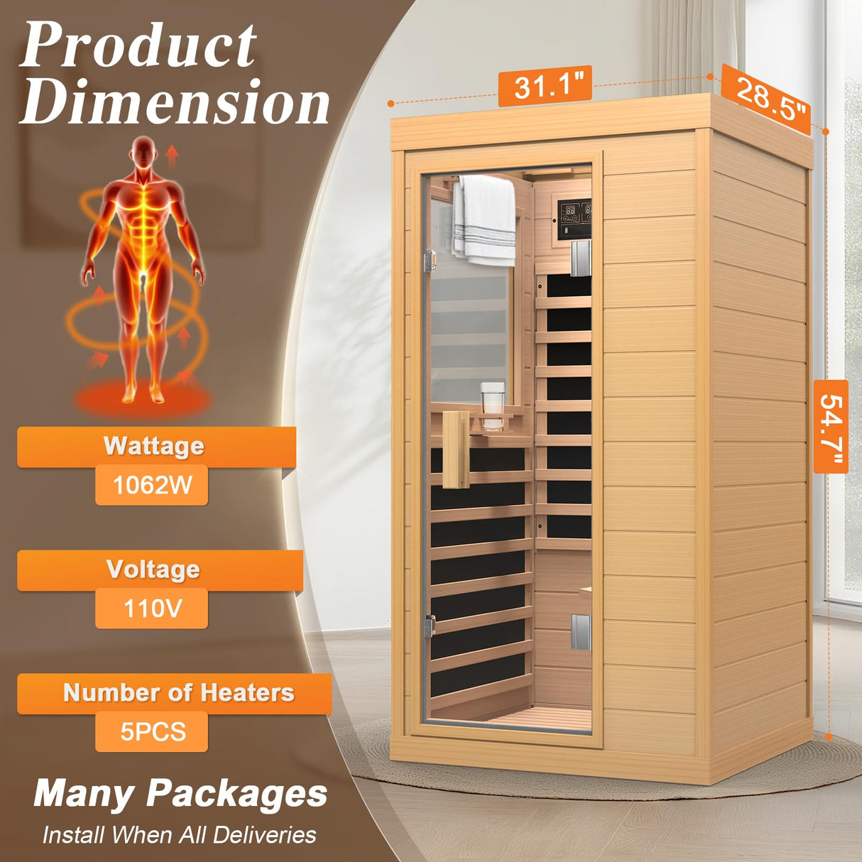 Upgraded 1 Person Sauna Infrared Sauna with Backrest, Hemlock Dry Sauna Indoor Wood Sauna for Home, 1062W 110V Red Light Far Infrared Sauna Low EMF with Integrated Speakers, Reading Lamp NAGLIFOR