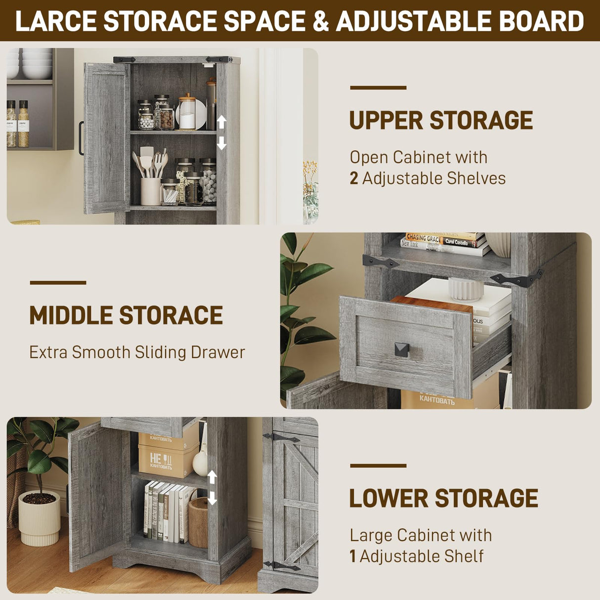 66" Tall Farmhouse Bathroom Storage Cabinet with Barn Doors and Drawer, Narrow Storage Unit, Adjustable Shelves & 5-Tier Space, Freestanding Cabinet for Bathroom, Entryway, Kitchen, Wash Grey Vabches