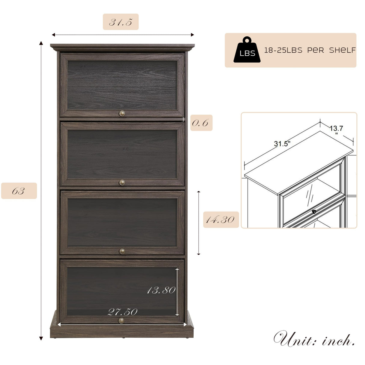 CKEASEAN Tall Bookcase with Glass Doors, 63" H Farmhouse Glass Curio Display Cabinet with Flip up Doors, Elegant Storage Cabinet with 4-Tier Shelves, Rack for Living Room (Brown) CKEASEAN