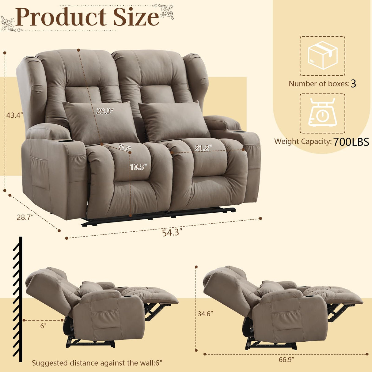 SAMERY 54.2" RV Loveseat Recliner Sofa, Manual Recliner Loveseat RV Sofa Home Theater Seating with Arm, Cup Holders and Side Pocket for Living Room/Office/Apartment SAMERY