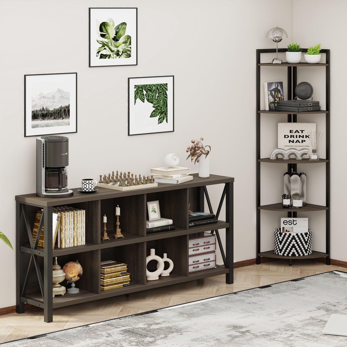 FATORRI Rustic 8-Cube Storage Organizer Bookshelf - Industrial Walnut Brown Bookcase for Living Room - WoodArtSupply