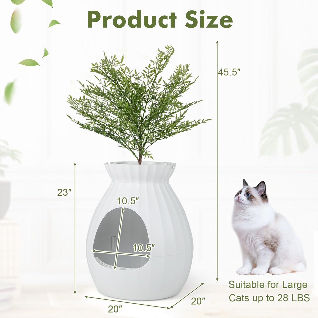 PETSITE White Plant Litter Box, Cat Hidden Litter Box Enclosure with Artificial Plant, Advanced Odor Removal System, Detachable Door Curtain, Cat Litter Scoop, Large Planter Litter Box PETSITE