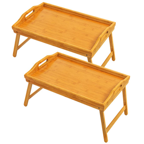 2 Pack Bed Tray Table Breakfast Trays Serving Bamboo Laptap with Floding Legs Handles and Phone Holders Mxbamhyc