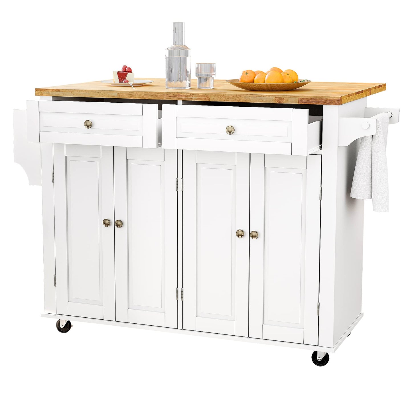 Squireewo Kitchen Cart with Wood Top and Drop Leaf Breakfast Bar, Rolling Mobile Kitchen Island Table on Wheels with Drawer and Storage Cabinet, Spice Rack, Towel Rack, White - WoodArtSupply