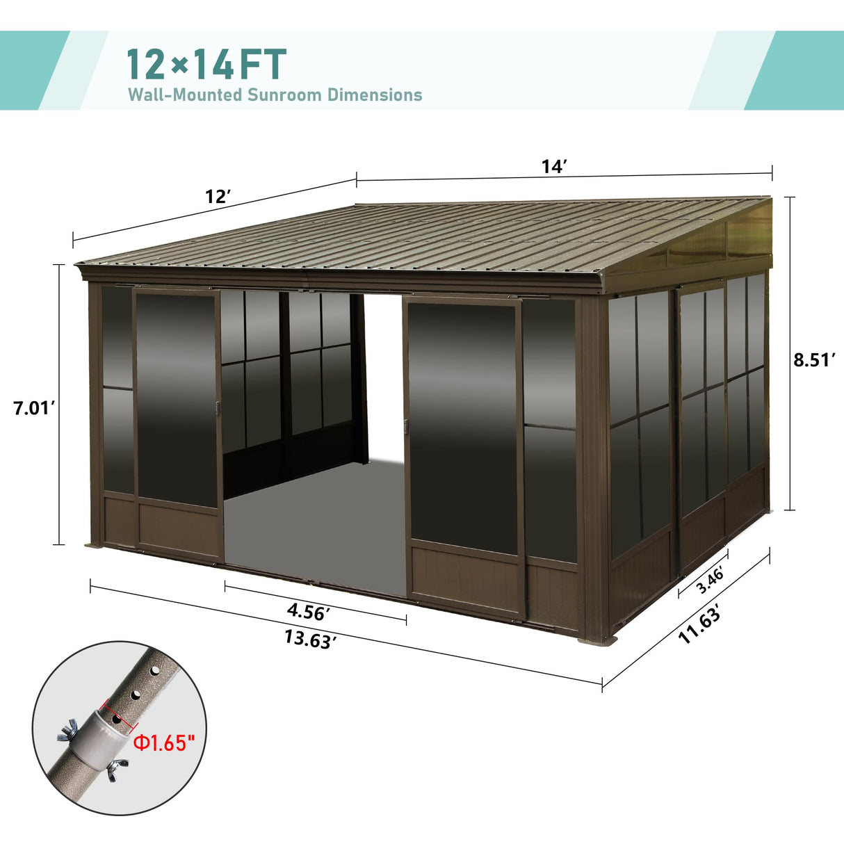 Domi Lean-to Sunroom 12x14FT, Wall Mounted Solarium with Galvanized Steel Sloping Roof, Moveable PVC Screen, Front Door&Side Sliding Door, Aluminum Gazebo Against Wall Sun Room for Patio Deck domi outdoor living