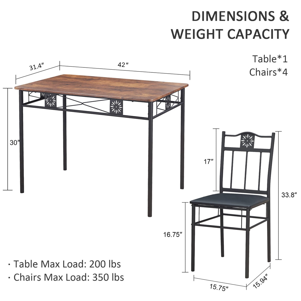 VECELO Kitchen Dining Room Table Sets for 4, 5 Piece Metal and Wood Rectangular Breakfast Nook, Dinette with Chairs, Retro Brown VECELO