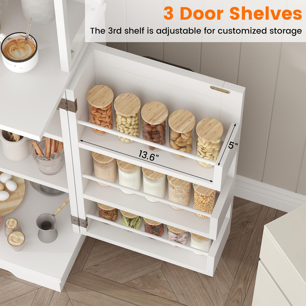 Frmobepts Kitchen Bakers Rack with Storage, 68'' Tall 6 Tier Farmhouse Pantry Cabinet with Trash Bin Cabinet, Microwave Stand Kitchen Cabinet with Hutch,White Frmobepts