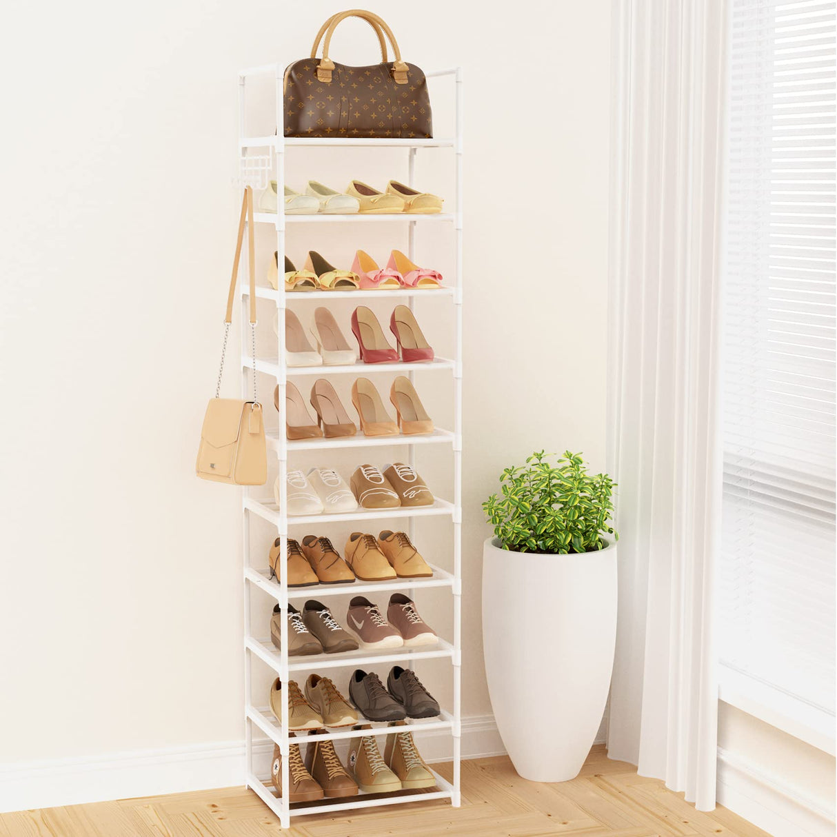 WEXCISE Metal Rack Organizer 10 Tiers Tall for 20-24 Pairs - Narrow Shoe Racks for Closets Entryway - Vertical Boots Organizer Storage - Sturdy White Shelf Cabinet WEXCISE