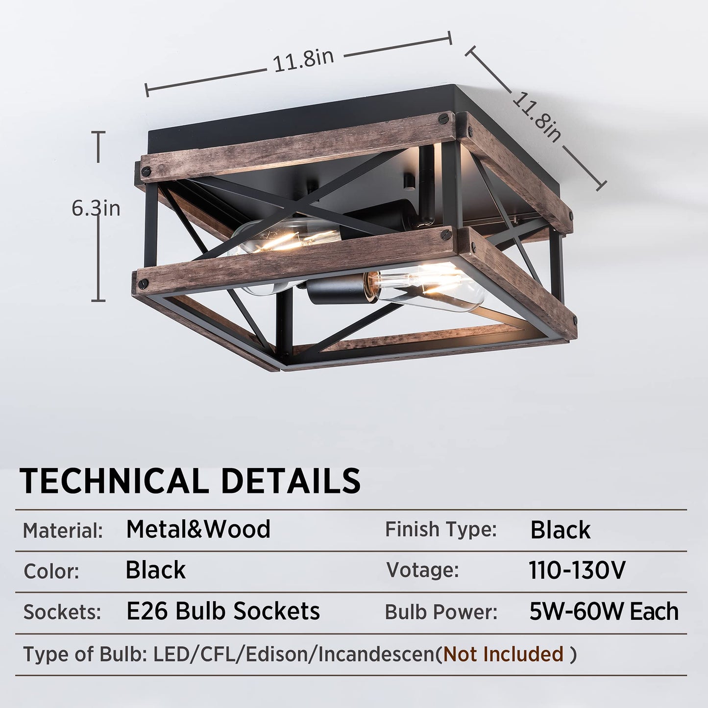 Mayful Flush Mount Light Fixture, 2-Light Rustic Ceiling Light Combine with Metal and Wood Frame, Farmhouse Ceiling Light for Kitchen Hallway Entryway Bedroom Porch Living Room