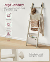 VASAGLE Blanket Ladder for Living Room, 5-Tier Wooden Ladder Shelf, Decorative Farmhouse Blanket Rack with Synthetic Leather Bag, Metal Hooks, Side Hooks, for Bedroom, Cream White ULLS022W01 VASAGLE
