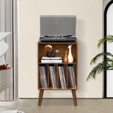 Lerliuo Record Player Stand, Brown Turntable Stand Holds up to 160 Albums, Mid-Century Vinyl Storage Cabinet Table with Solid Wood Legs, Record Player Holder Dispaly Shelf for Bedroom Living Room Lerliuo