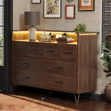 Patikuin Dresser for Bedroom with LED Light & Charging Station, 8 Drawers Wooden Dressers with Open Space, Vintage Chest of Wide Drawers for Living Room, Entryway, Hallway, Dark Brown Patikuin