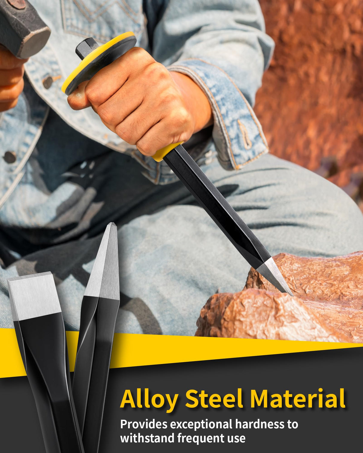 Rock Chisel Set, Firecore 3PCS Masonry Chisel with Hand Guard, Heavy Duty Point Flat Cold Chisel for Concrete Stone Brick Rock Tile Mortar Breaking Demolishing Carving Splitting Cutting Mason Tools Firecore