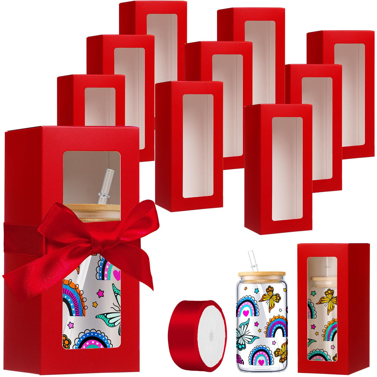 Honoson 24 Pcs Gift Boxes with Ribbon for Sublimation Glass Exhibition Boxes Transparent Gift Box for 12oz 16oz 20oz Drinking Glasses Jars Sublimation Glass Can Blanks Tumbler Gift Box(Red) Honoson