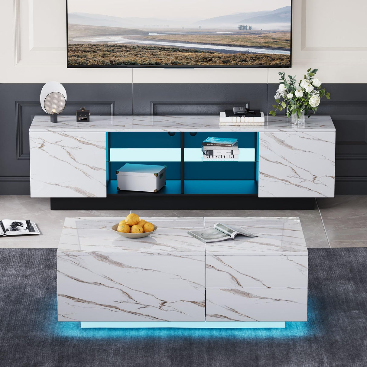 Svimi Modern Coffee Table & 65" TV Stand Set of 2, LED Entertainment Center with Power Outlets/Hidden Storage (White Coffee Table + White TV Stand) Svimi