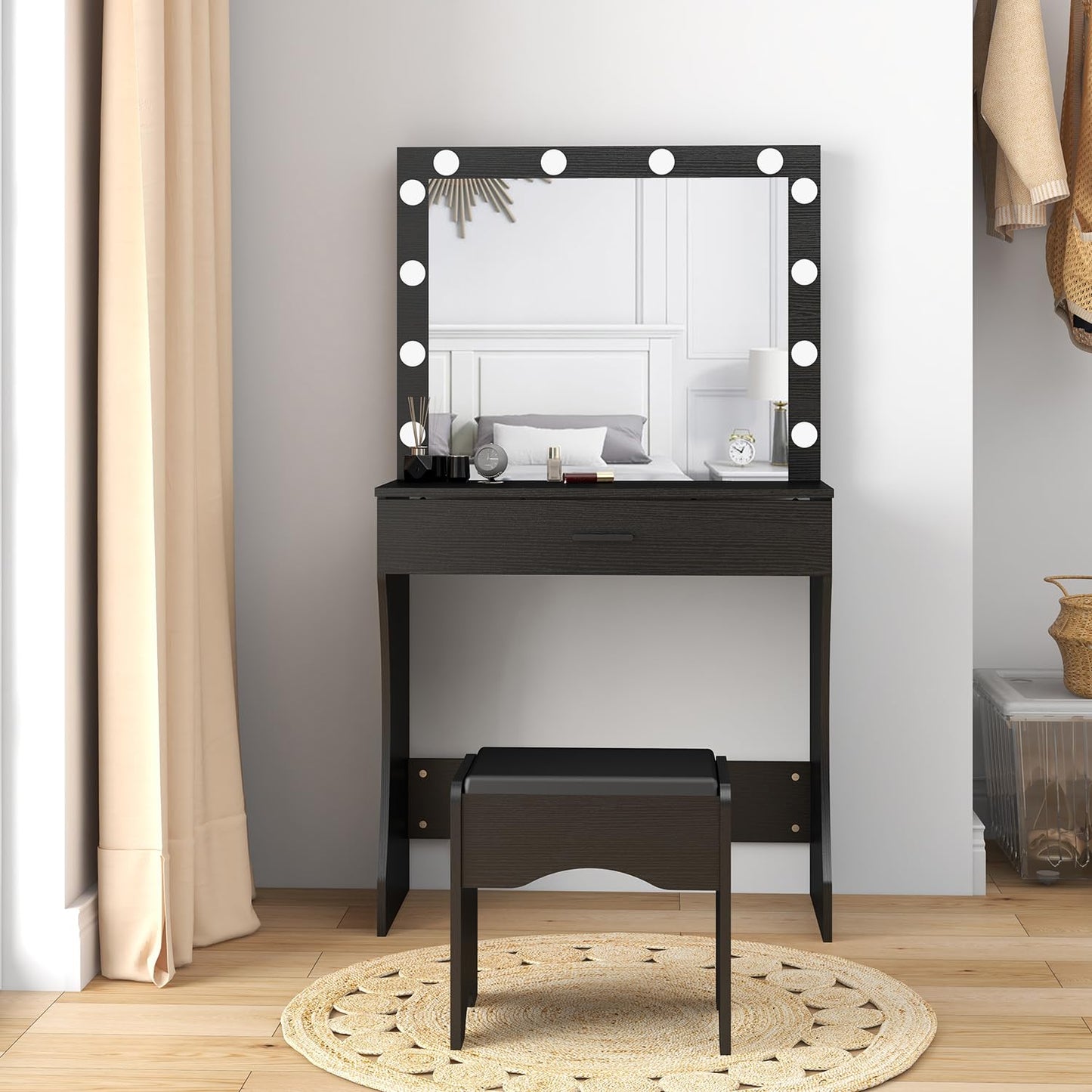 Vanity Desk with Mirror and Lights, Vanity Set Makeup Vanity Table with Adjustable Lights One Drawer Storage Makeup Table with Stool Vanity Desk for Bedroom (Black)