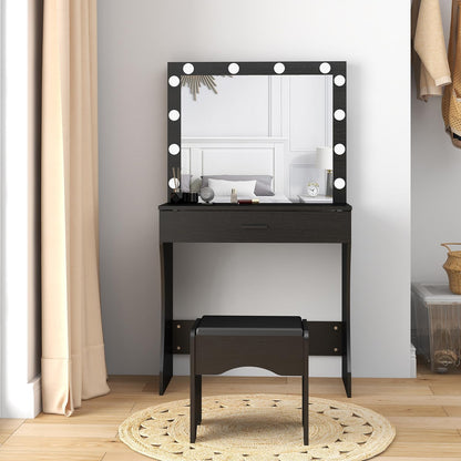 Vanity Desk with Mirror and Lights, Vanity Set Makeup Vanity Table with Adjustable Lights One Drawer Storage Makeup Table with Stool Vanity Desk for Bedroom (Black)