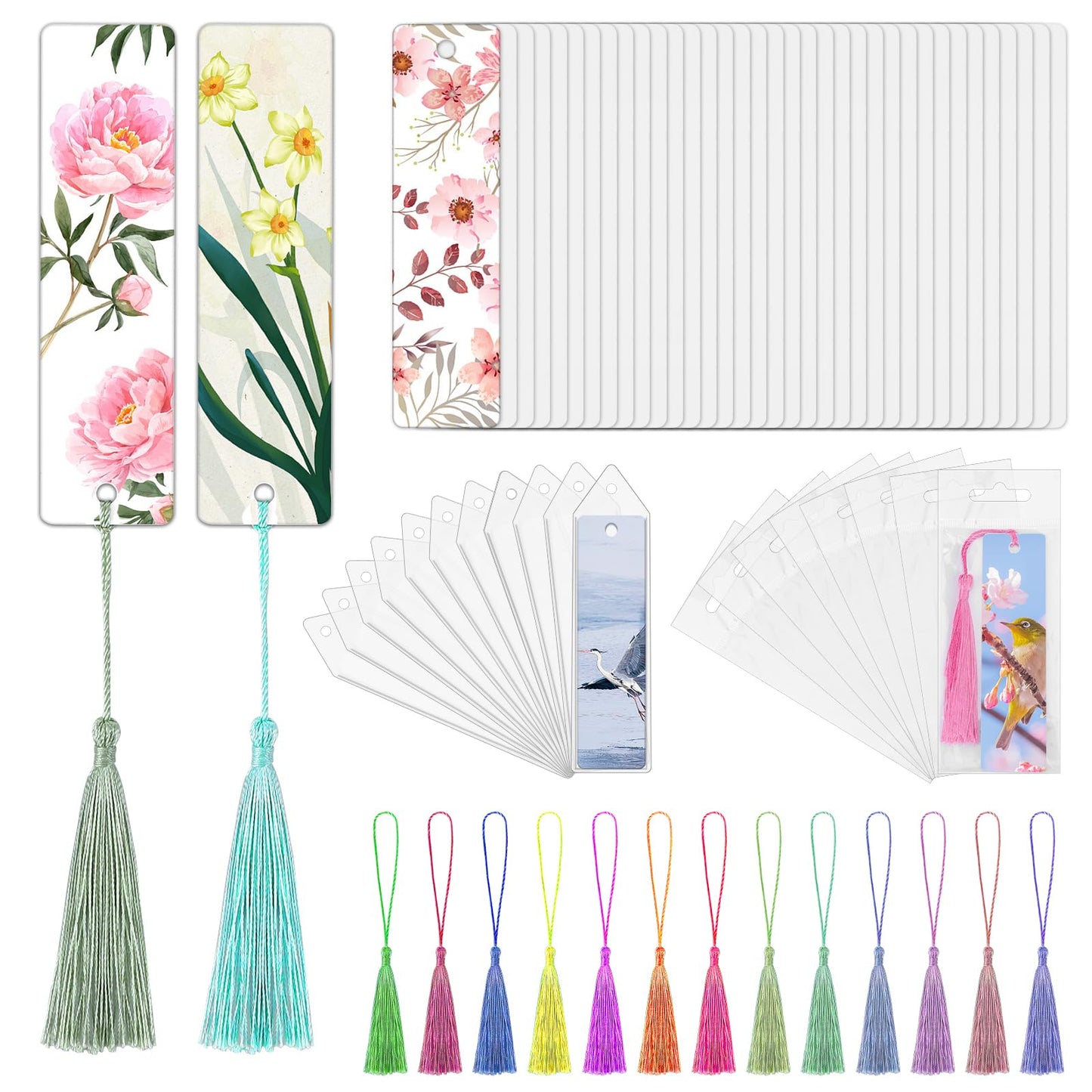 50 Sets Sublimation Blank Bookmarks with Clear Bookmark Sleeves Tassels and Self-Sealing Bags, Heat Transfer Metal Aluminum DIY Bookmark with Hole for Crafts Reading School Office Supplies