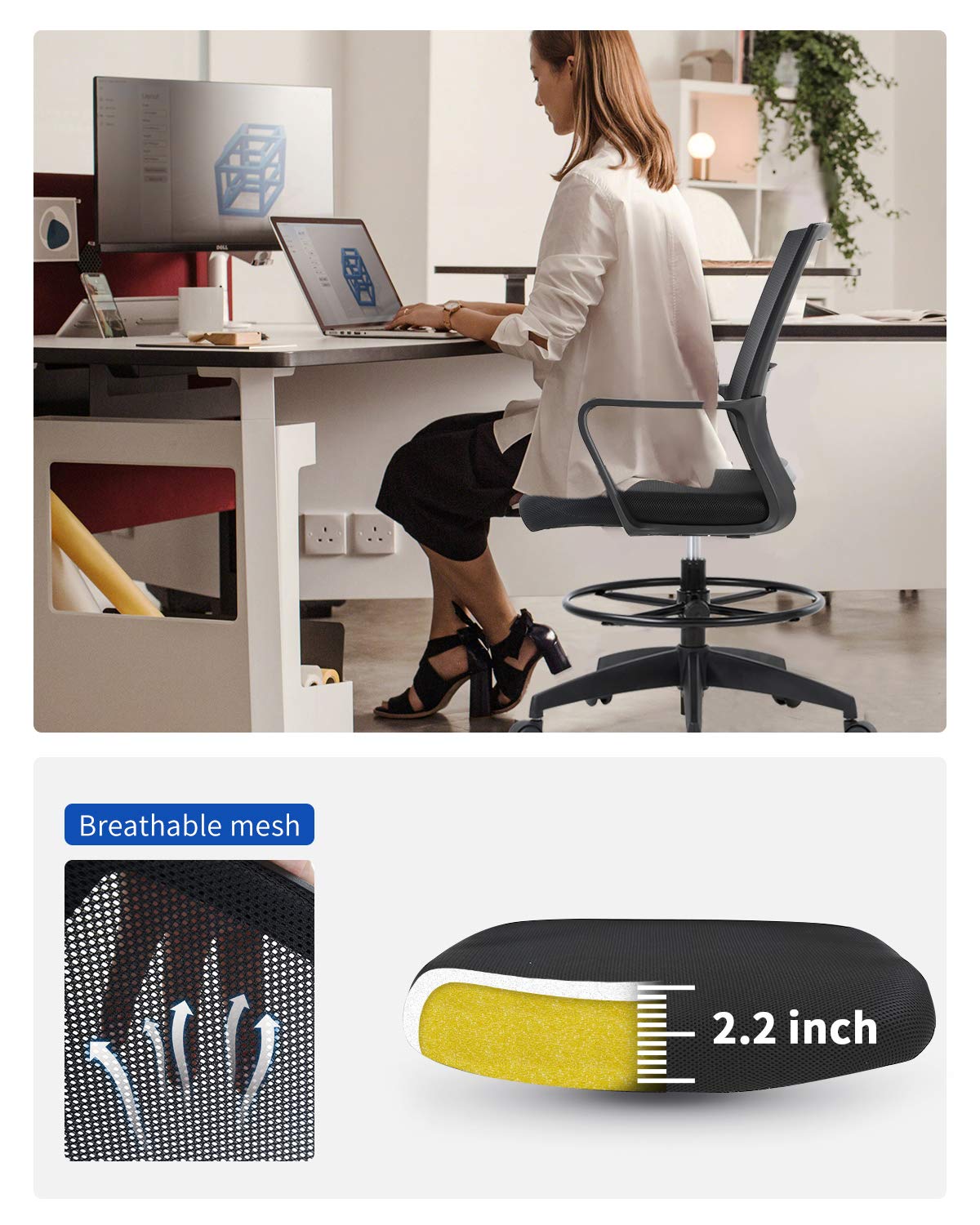 Drafting Chair Tall Office Chair Adjustable Height with Lumbar Support Arms Footrest Mid Back Desk Chair Swivel Rolling Mesh Computer Chair for Adults Standing Desk Drafting Stool(Black) BestOffice